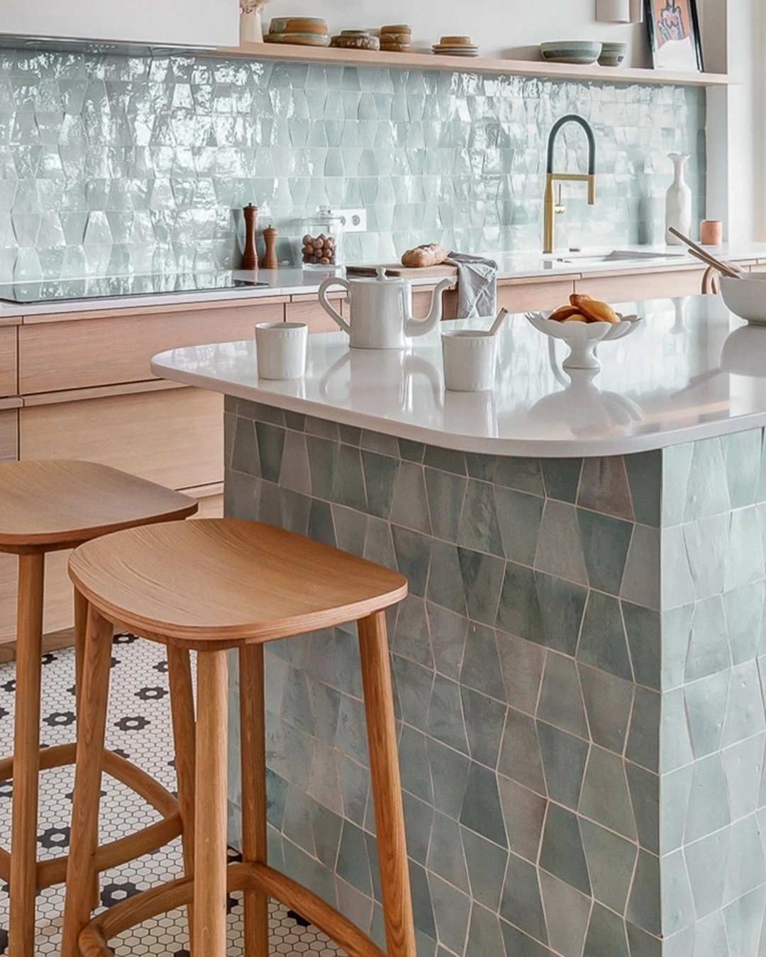 WA_Kitchen isle and backsplash with turquoise zellige